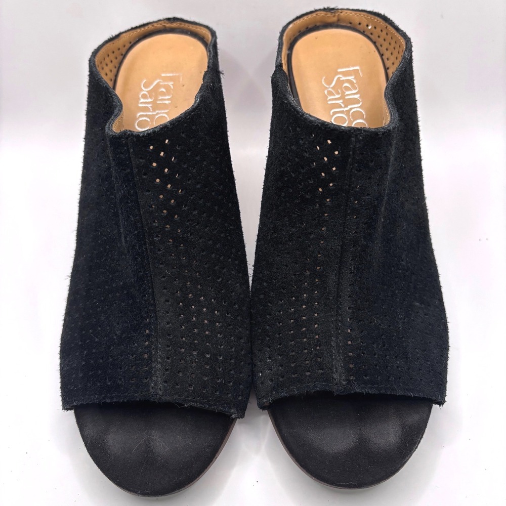 Franco Sarto Flora 2 Peep Toe Mule Sandals Block Heel Black Faux Suede Sz 7.5